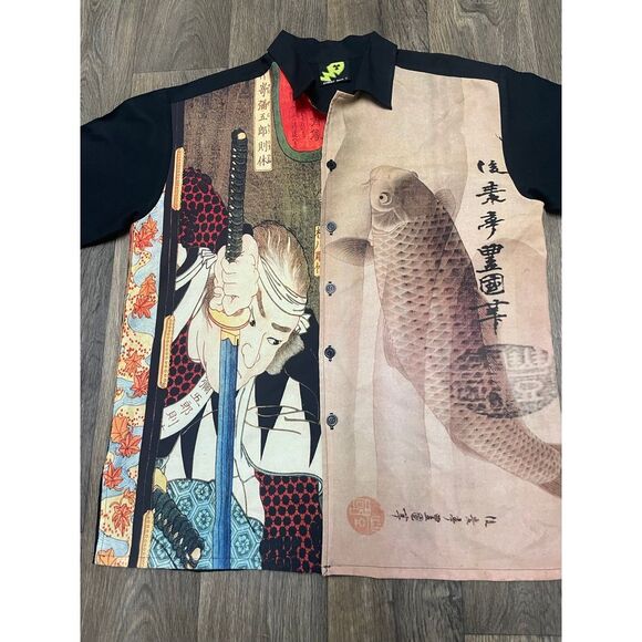 Vintage 90s Street Savy Japanese Samurai Koi Button Up Shirt L - Picture 4 of 11